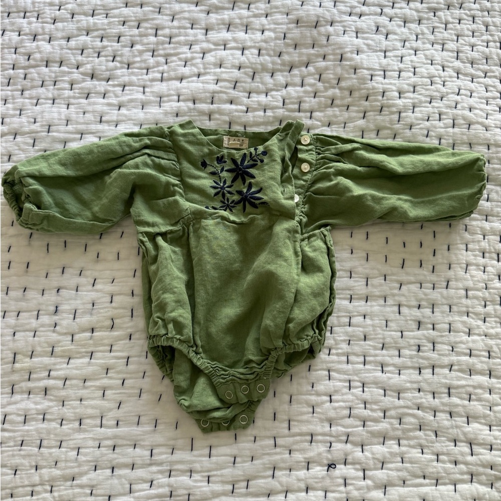 Green Kids One Piece with Floral Embroidery